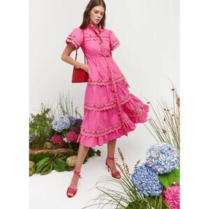 Celia B Alvis Embroidered Tiered Midi Dress Fuchsia Size XS NWT Colorful Scallop
